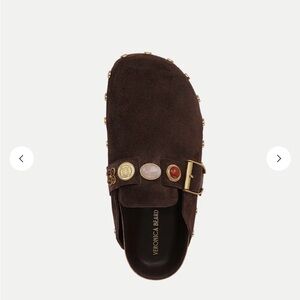 Veronica Beard Dark Brown Suede Clogs with Gold Accents
